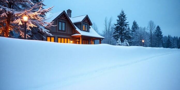 Cozy home in a snowy winter landscape with trees.