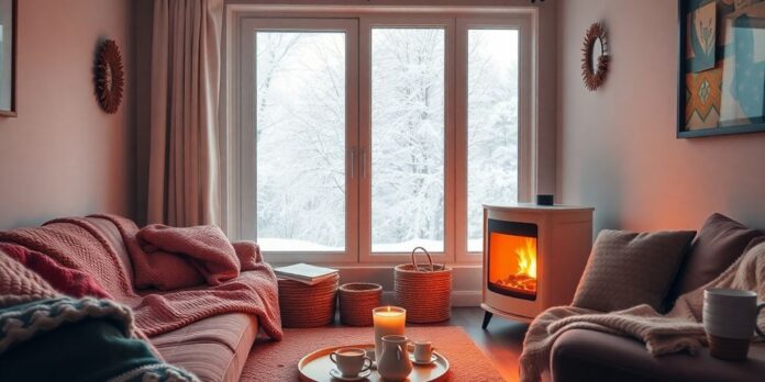 Warm living room with heating system in winter.