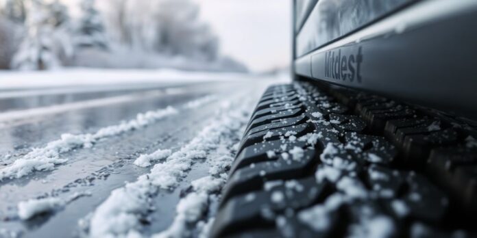 Car tires on black ice in a winter setting.