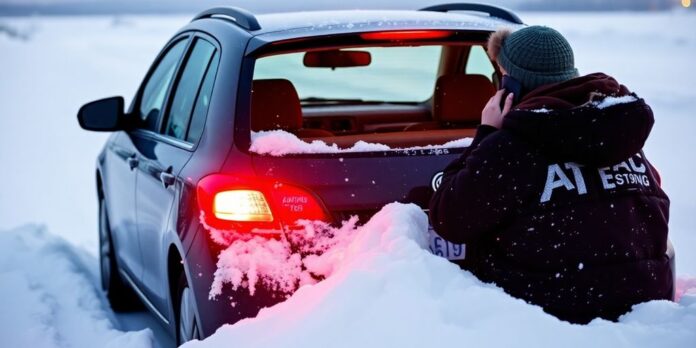 Car stuck in snow with person calling for help.