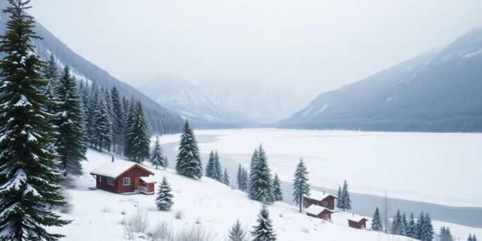 Winter landscape with snow-covered mountains and frozen lake.