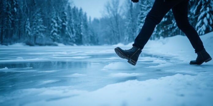 Person slipping on ice in a snowy environment.