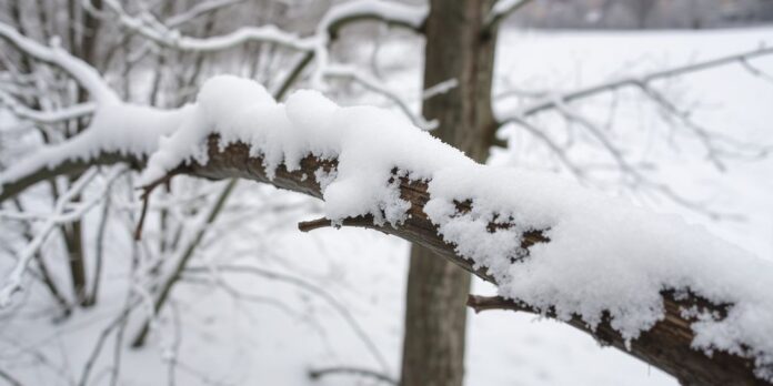 Broken tree limb in snow after a winter storm.